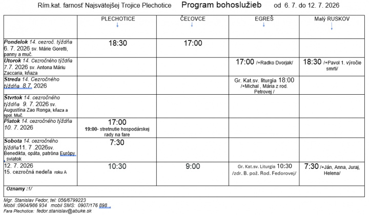 Fotka - Program bohoslužieb týždeň od 06.07.2026 do 12.07.2026