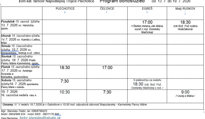 Fotka - Program bohoslužieb týždeň od 13.07.2026 do 19.07.2026