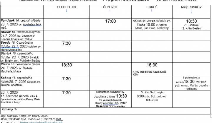 Fotka - Program bohoslužieb týždeň od 20.07.2026 do 26.07.2026