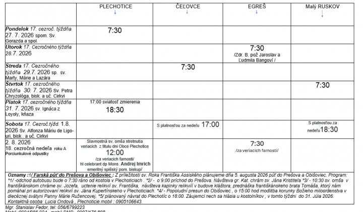 Fotka - Program bohoslužieb týždeň od 27.07.2026 do 02.08.2026