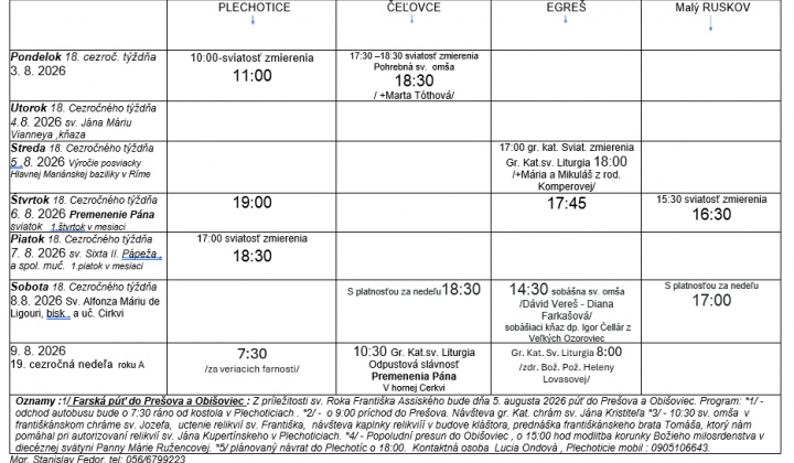 Fotka - Program bohoslužieb týždeň od 03.08.2026 do 09.08.2026