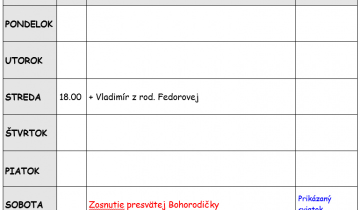 Fotka - Bohoslužobný poriadok 10.08.2026-16.08.2026