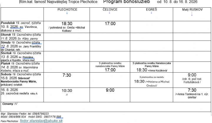 Fotka - Program bohoslužieb týždeň od 10.08.2026 do 16.08.2026