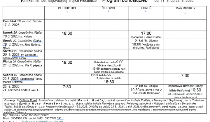 Fotka - Program bohoslužieb týždeň od 17.08.2026 do 23.08.2026