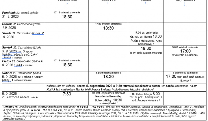 Fotka - Program bohoslužieb týždeň od 31.08.2026 do 06.09.2026