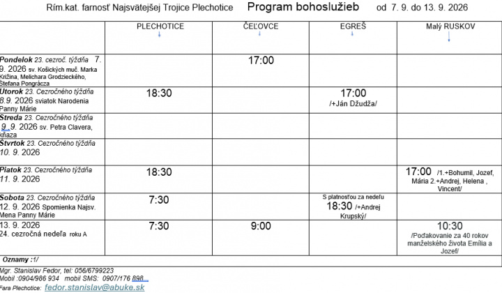 Fotka - Program bohoslužieb týždeň od 07.09.2026 do 13.09.2026