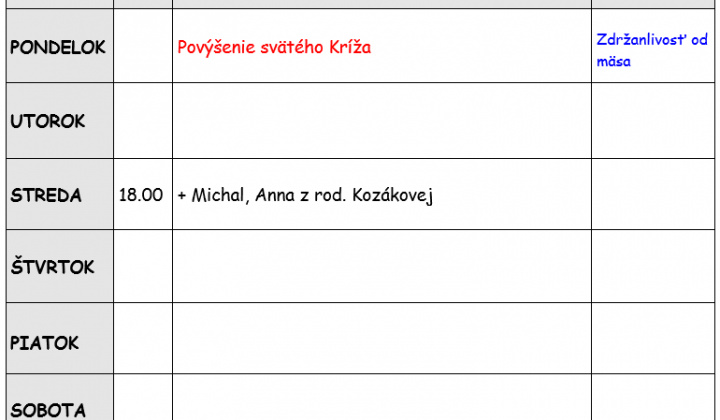 Fotka - Bohoslužobný poriadok 14.09.2026-20.09.2026
