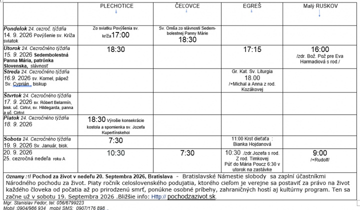 Fotka - Program bohoslužieb týždeň od 14.09.2026 do 20.09.2026