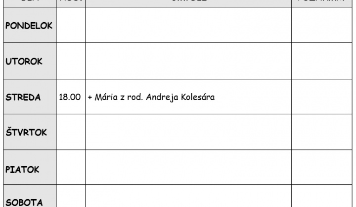 Fotka - Bohoslužobný poriadok 21.09.2026-27.09.2026
