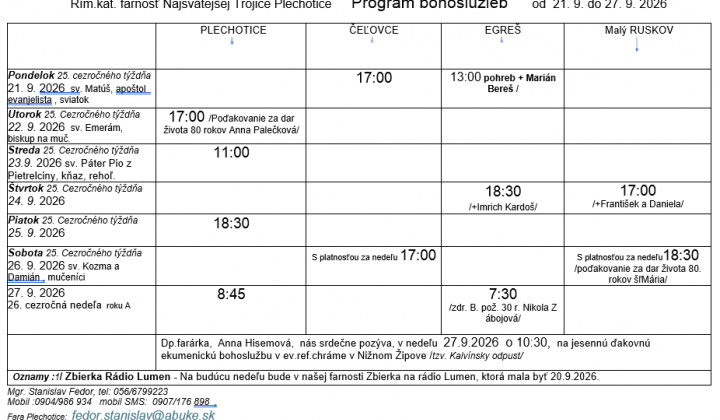Fotka - Program bohoslužieb týždeň od 21.09.2026 do 27.09.2026
