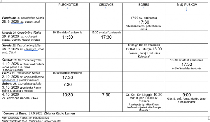 Fotka - Program bohoslužieb týždeň od 28.09.2026 do 04.10.2026