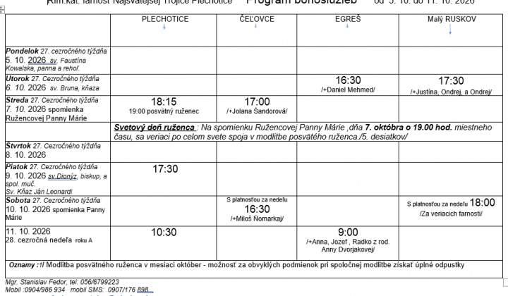 Fotka - Program bohoslužieb týždeň od 05.10.2026 do 11.10.2026