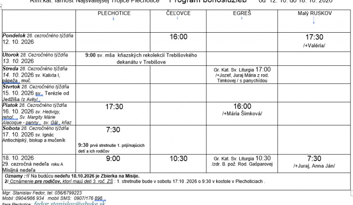 Fotka - Program bohoslužieb týždeň od 12.10.2026 do 18.10.2026