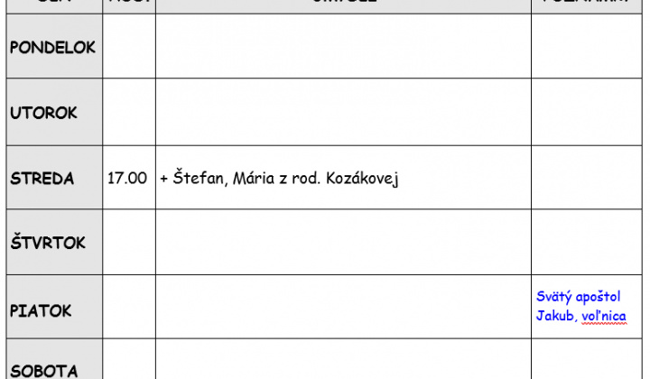Fotka - Bohoslužobný poriadok 19.10.2026-25.10.2026