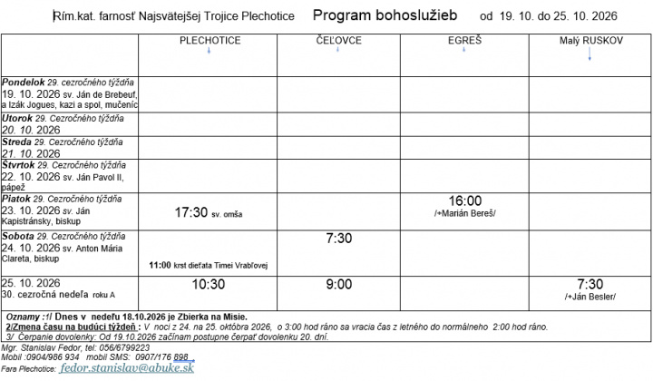 Fotka - Program bohoslužieb týždeň od 19.10.2026 do 25.10.2026