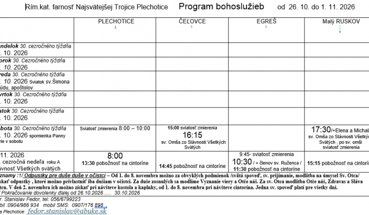 Fotka - Program bohoslužieb týždeň od 26.10.2026 do 01.11.2026