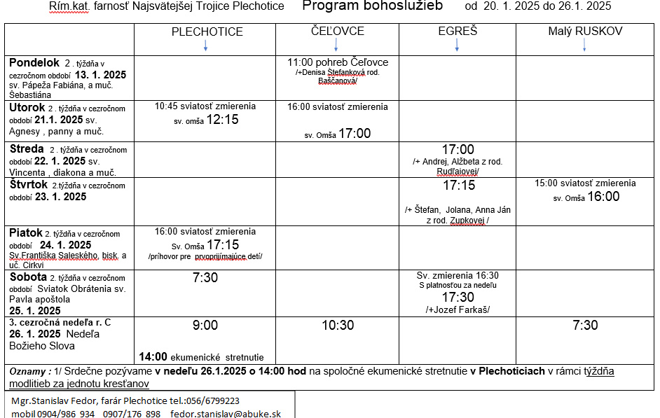 Fotka - Program bohoslužieb týždeň od 20.01.2025 do 26.01.2025