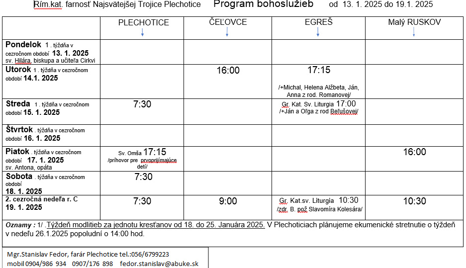 Fotka - Program bohoslužieb týždeň od 13.01.2025 do 19.01.2025