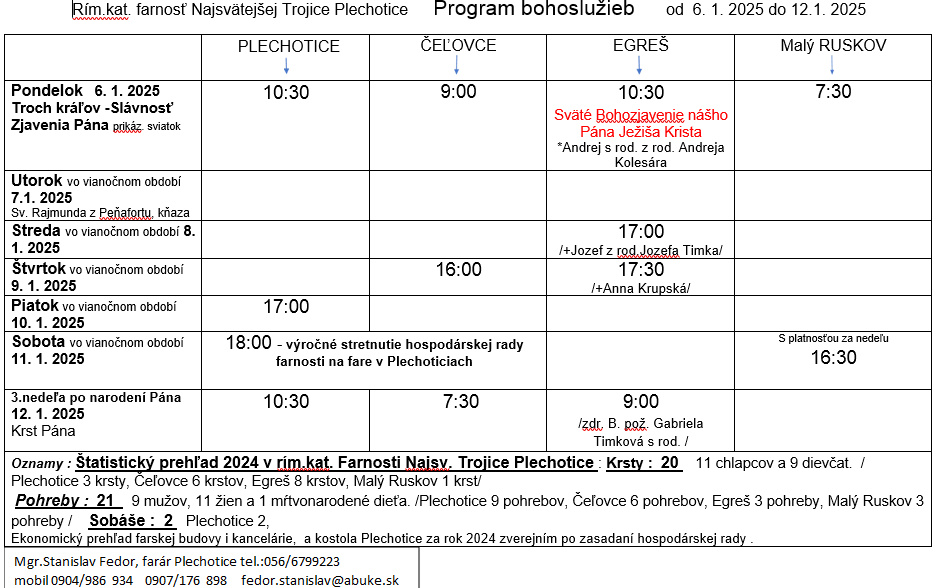 Fotka - Program bohoslužieb týždeň od 06.01.2025 do 12.01.2025