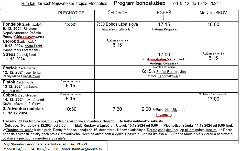 Fotka - Program bohoslužieb týždeň od 09.12.2024 do 15.12.2024