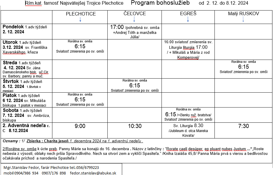 Fotka - Program bohoslužieb týždeň od 02.12.2024 do 08.12.2024