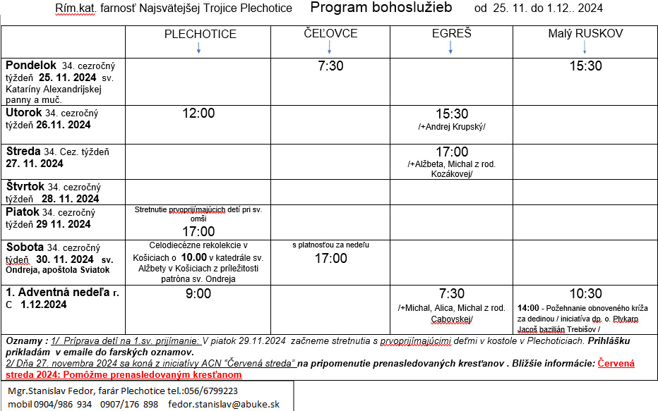 Fotka - Program bohoslužieb týždeň od 25.11.2024 do 01.12.2024