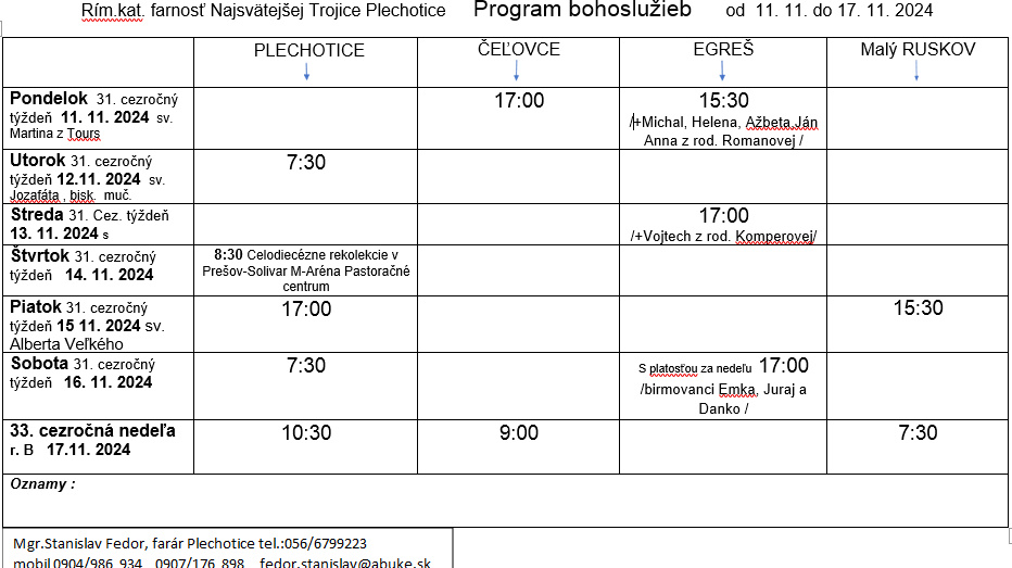 Fotka - Program bohoslužieb týždeň od 11.11.2024 do 17.11.2024