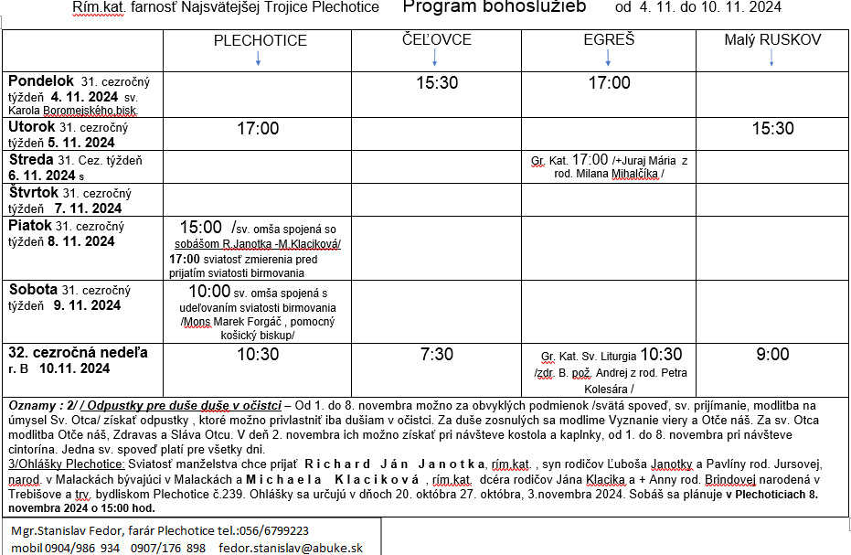 Fotka - Program bohoslužieb týždeň od 04.11.2024 do 10.11.2024