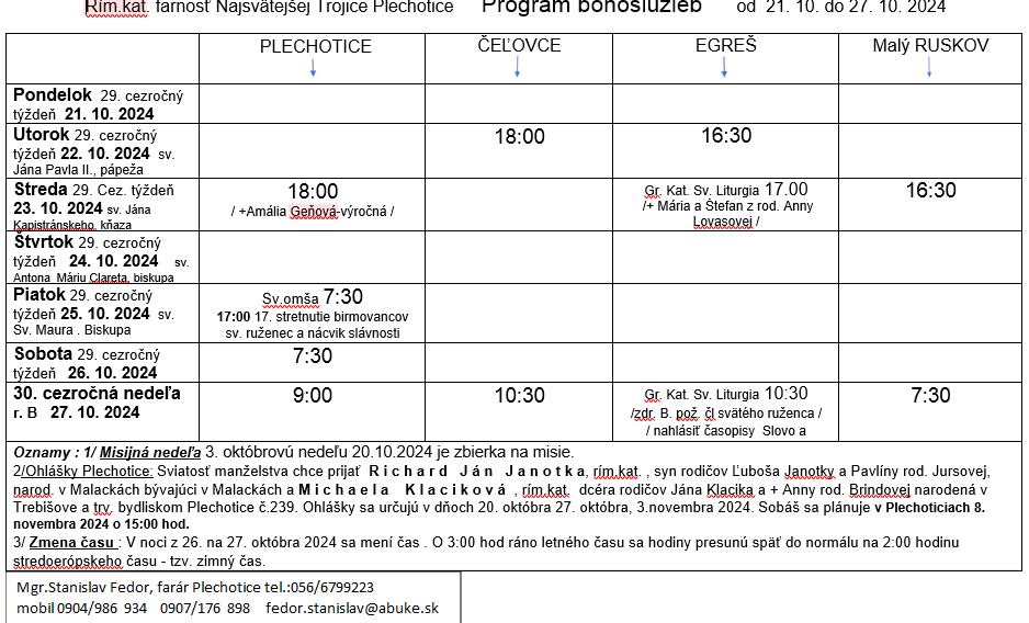 Fotka - Program bohoslužieb týždeň od 21.10.2024 do 27.10.2024