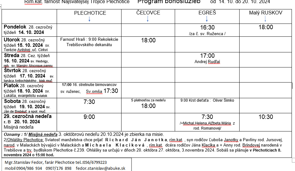 Fotka - Program bohoslužieb týždeň od 14.10.2024 do 20.10.2024