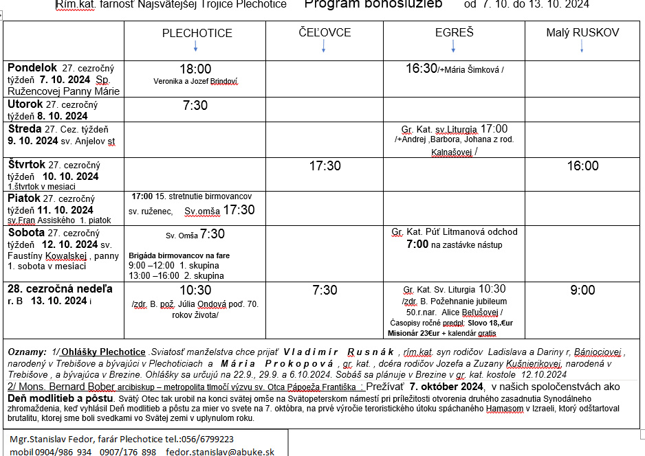 Fotka - Program bohoslužieb týždeň od 07.10.2024 do 13.10.2024