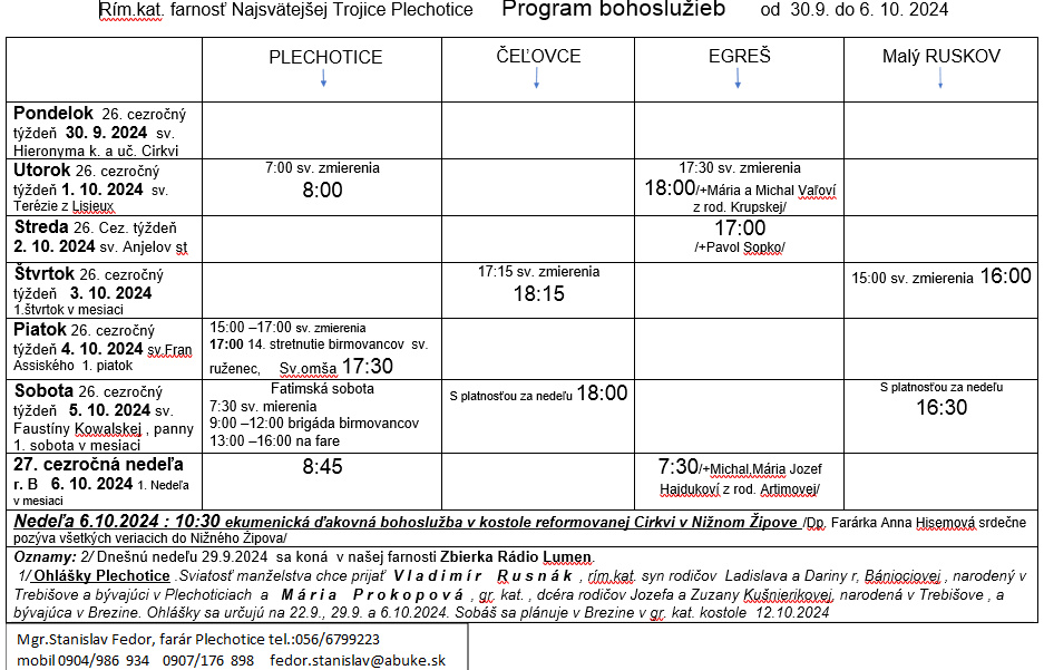Fotka - Program bohoslužieb týždeň od 30.9.2024 do 06.10.2024
