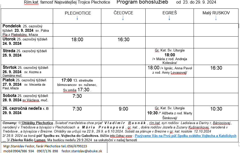 Fotka - Program bohoslužieb týždeň od 23.9.2024 do 29.9.2024