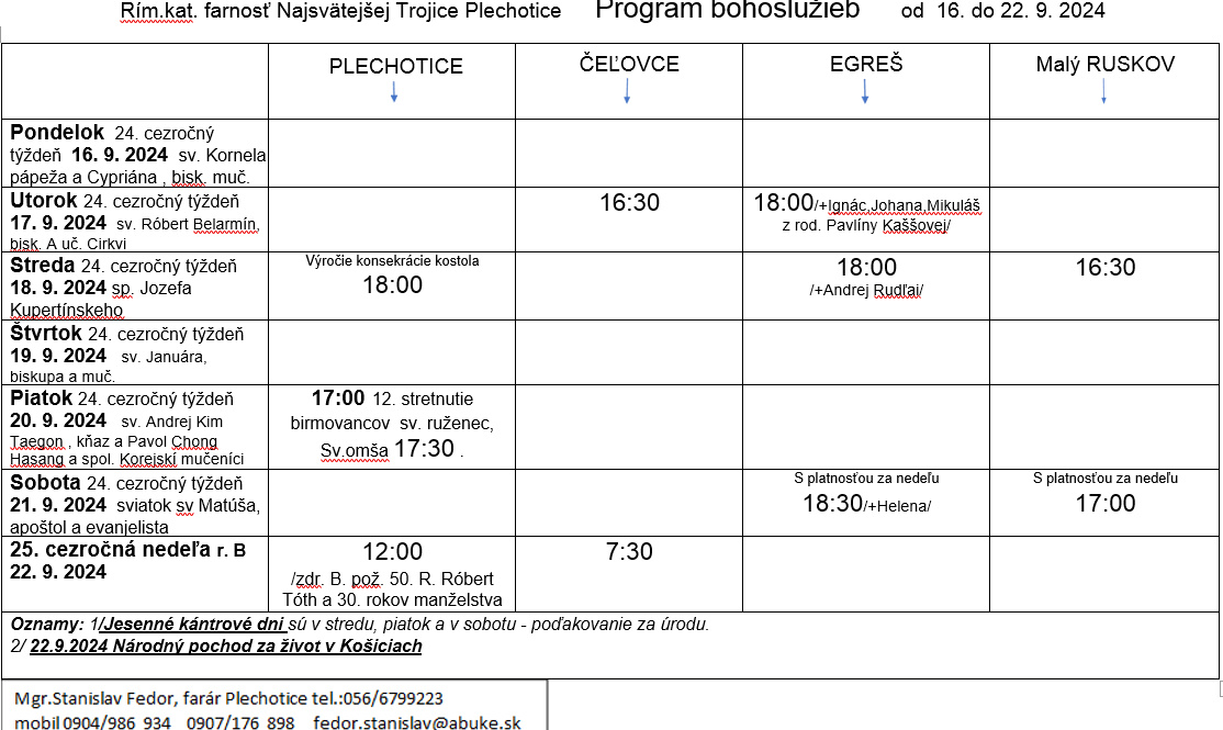 Fotka - Program bohoslužieb týždeň od 16.9.2024 do 22.9.2024