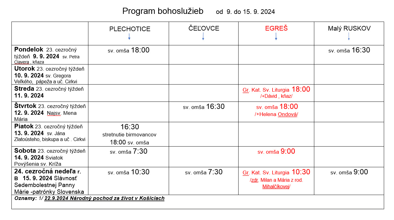Fotka - Program bohoslužieb týždeň od 9.9.2024 do 15.9.2024