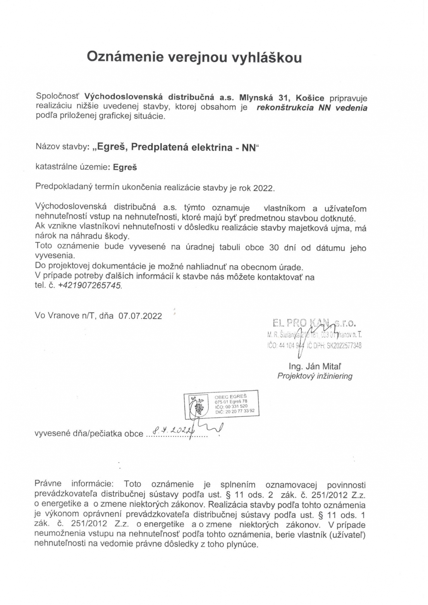 Fotka - EL PRO KAN-oznámenie verejnou vyhláškou