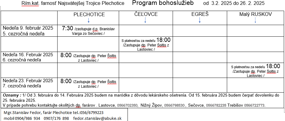 Fotka - Program bohoslužieb týždeň od 02.02.2025 do 26.02.2025