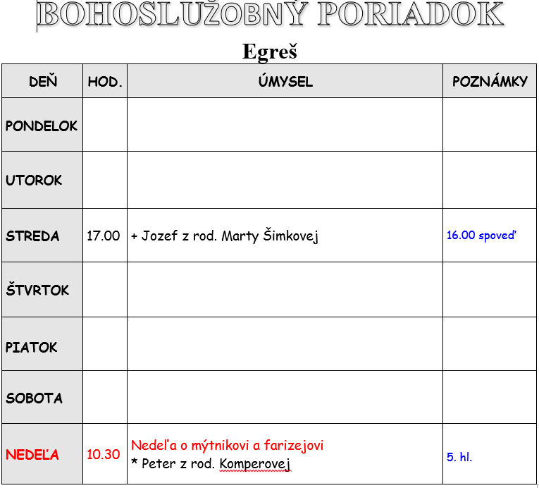 Fotka - Bohoslužobný poriadok 03.02.2025-09.02.2025