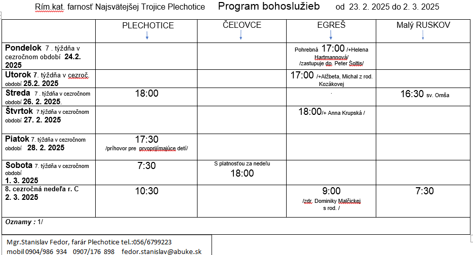 Fotka - Program bohoslužieb týždeň od 23.02.2025 do 02.03.2025