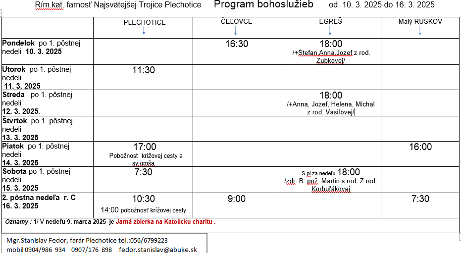 Fotka - Program bohoslužieb týždeň od 10.03.2025 do 16.03.2025
