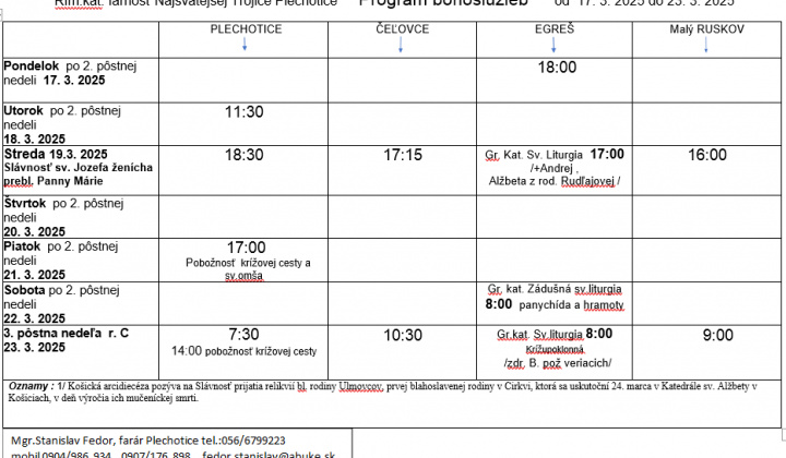Fotka - Program bohoslužieb týždeň od 17.03.2025 do 23.03.2025