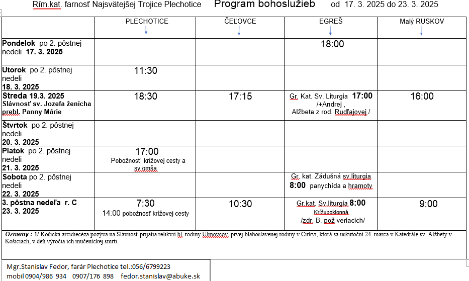 Fotka - Program bohoslužieb týždeň od 17.03.2025 do 23.03.2025