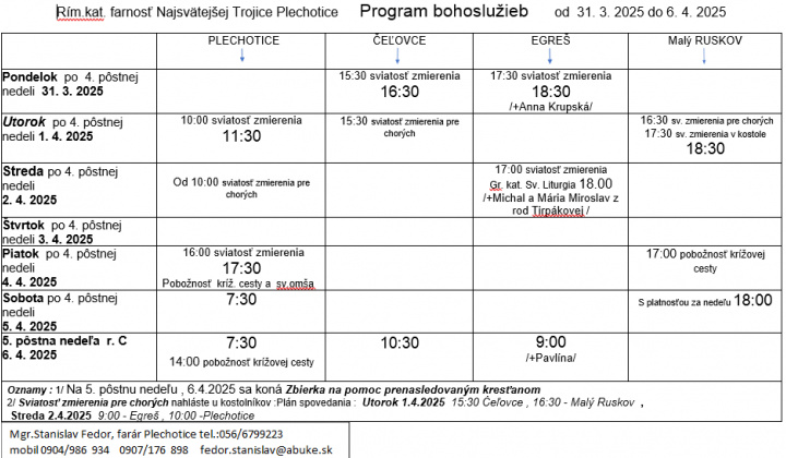 Fotka - Program bohoslužieb týždeň od 31.03.2025 do 06.04.2025