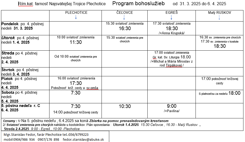 Fotka - Program bohoslužieb týždeň od 31.03.2025 do 06.04.2025